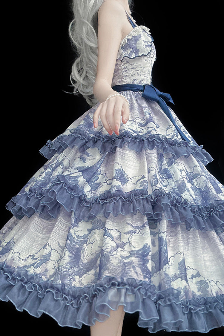 Multihued Layered Cloud Print Ribboned Lolita Jumper