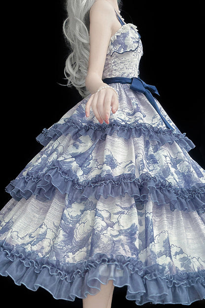 Multihued Layered Cloud Print Ribboned Lolita Jumper