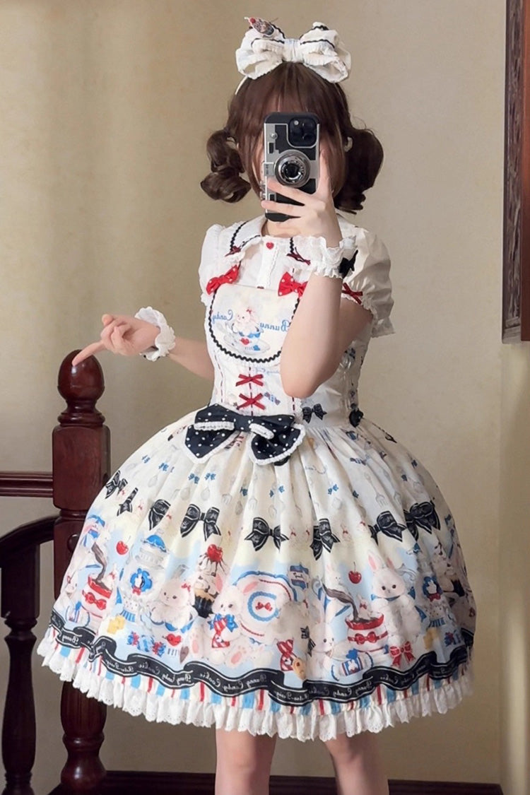 Mystery Rabbit Tea Party Sleeveless Print Ruffle Bowknot Lace Sweet Lolita JSK Dress in Beige
