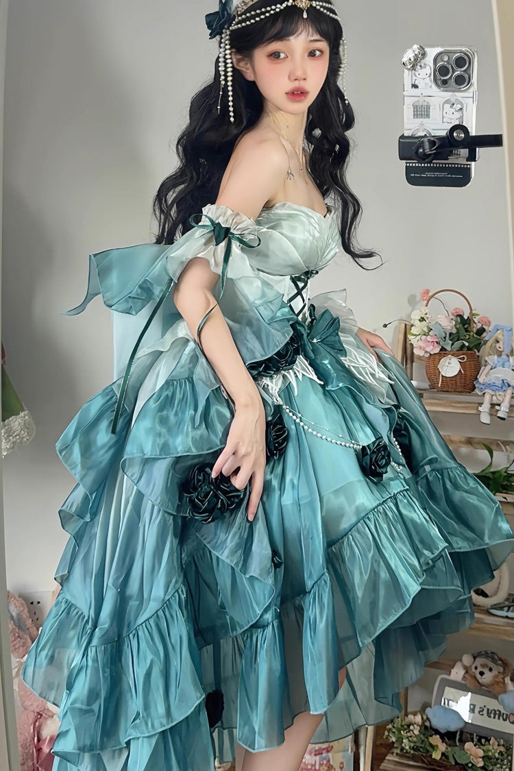 Amber Green Sweet Ballet Lolita Swan Wonderland Embroidery Lace-Up Asymmetric JSK Dress