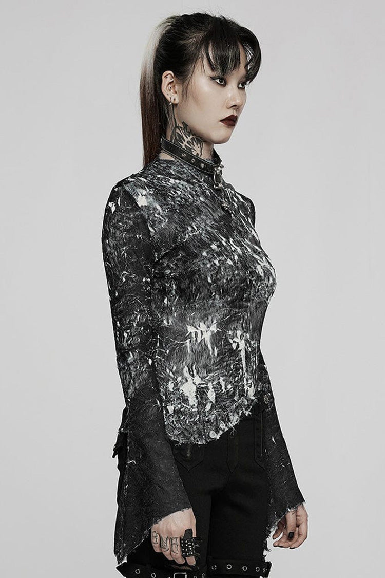Punk T-Shirt for Her with Pleated Half Turtleneck and Irregular Hem