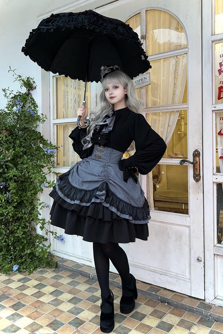 Black Point Manor Multi-Striped Print Ruffled Bow Hem Gothic Lolita Skirt
