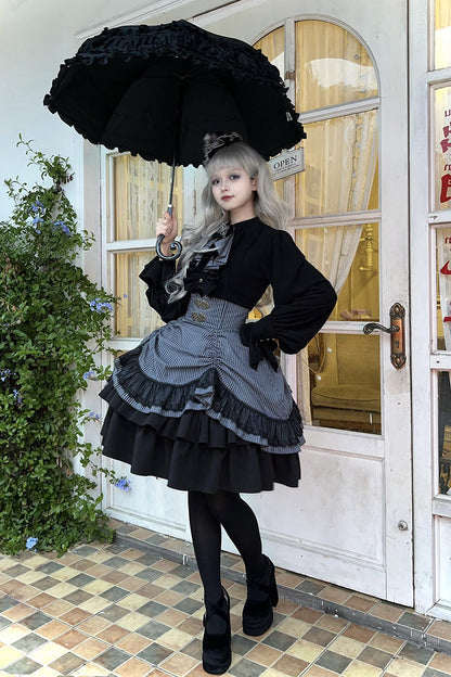 Black Point Manor Multi-Striped Print Ruffled Bow Hem Gothic Lolita Skirt