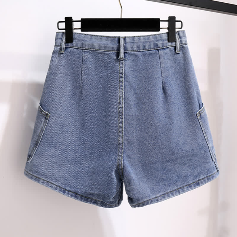 Denim Chic Round T-Shirt Collar Colorblock Pocketed Shorts
