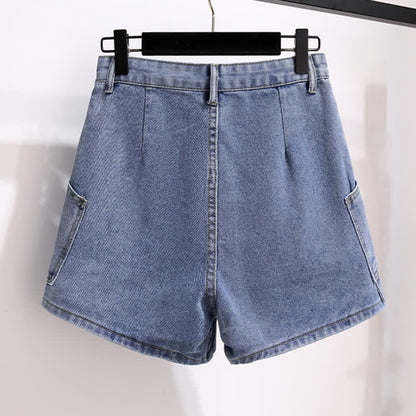 Denim Chic Round T-Shirt Collar Colorblock Pocketed Shorts