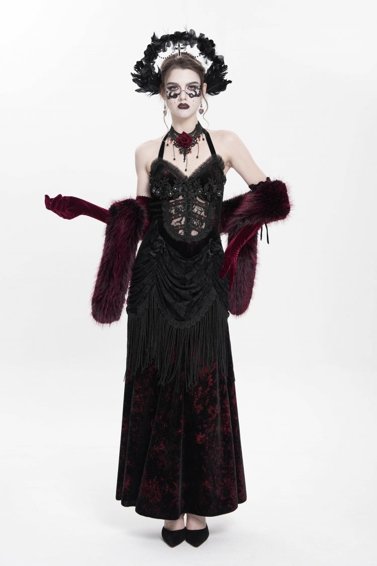 Sleeveless Hollow Floral Lace-Up Pleated Gothic Maxi Dress