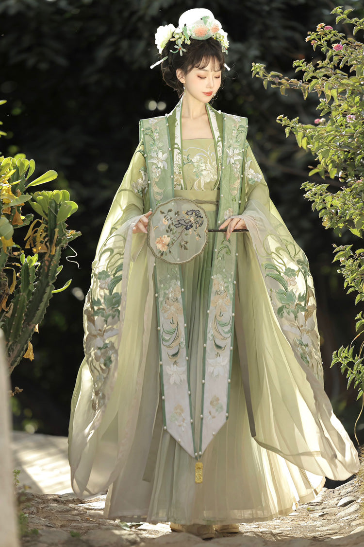 Emerald Song Dynasty Ruffled Hanfu Full Set - Silent Spring