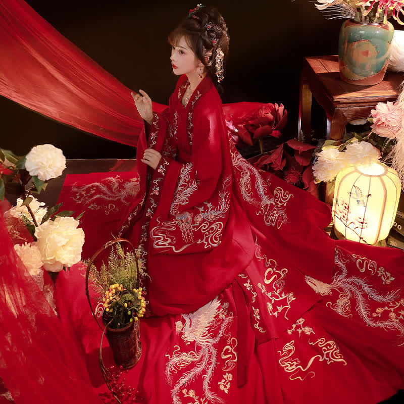 Ensemble Hanfu avec débardeur et jupe à manches longues et broderie de phénix rouge