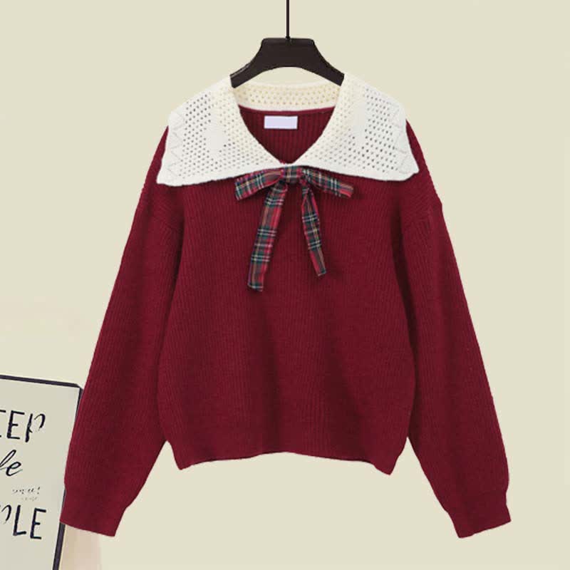 Bow Knot Decor Red Sweater Plaid Skirt Set