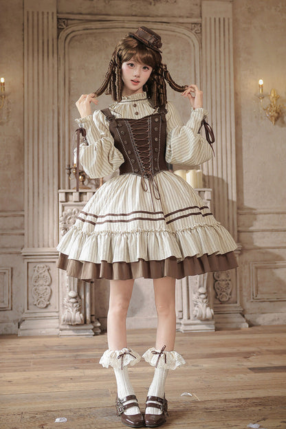 At Sunset Round-Collar Lantern-Sleeved Double-Layered Printed Ruffled Classic Lolita Dress in Beige and Brown, 2 Versions