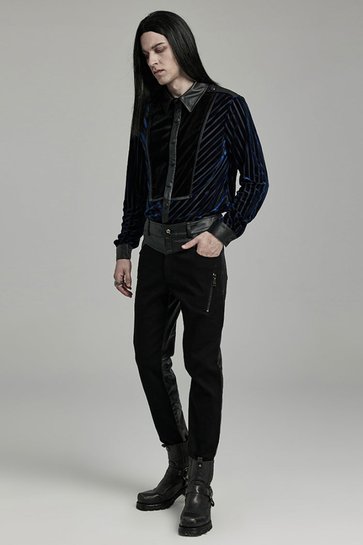 Punk Men's Trousers with Faux Leather Stitching and Zipper