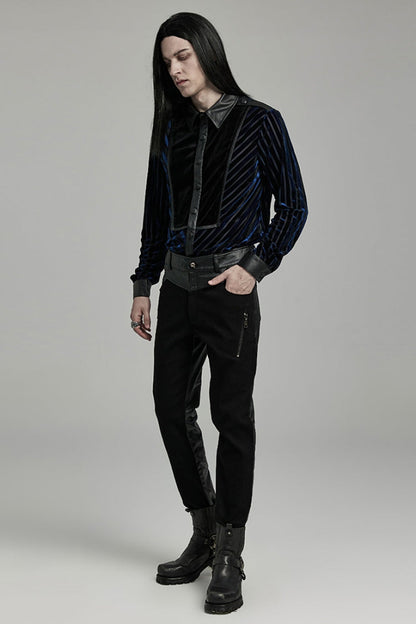 Punk Men's Trousers with Faux Leather Stitching and Zipper