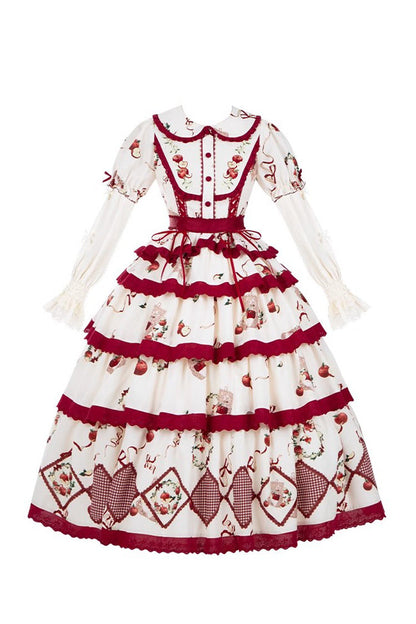 Red Beige Triple-Layer Apple Orchard Print Ruffle Embroidered Long Skirt