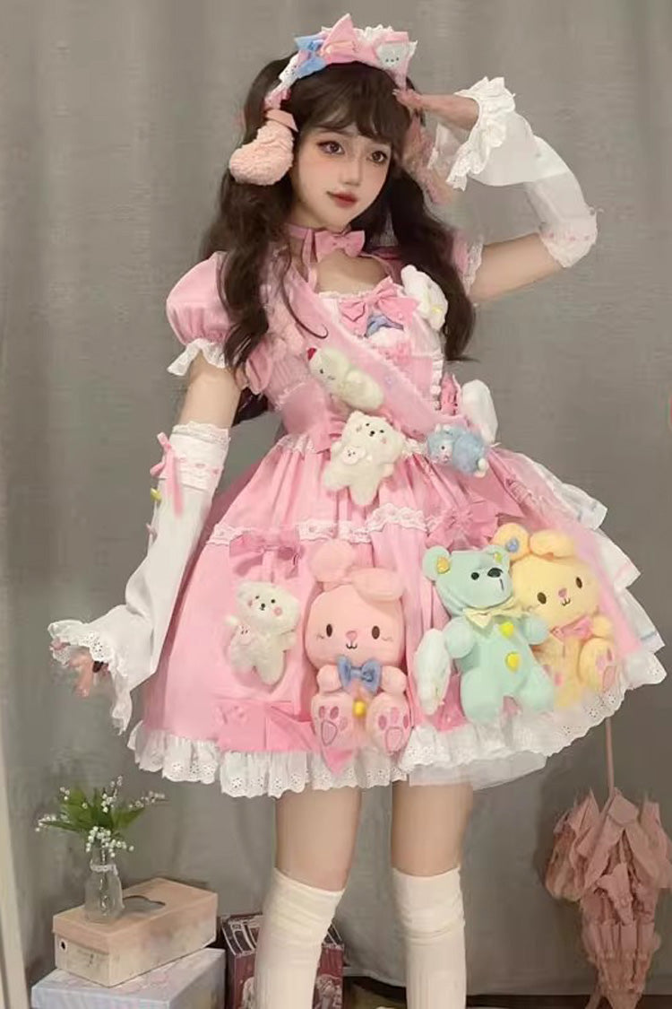 Pink Square-Collar Printed Doll Party Detachable-Sleeved Ruffled Bow-Trim Sweet Princess Lolita Dress