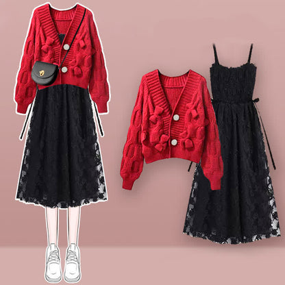 Bow Set Cardigan Dress Red Decor Slip Lace