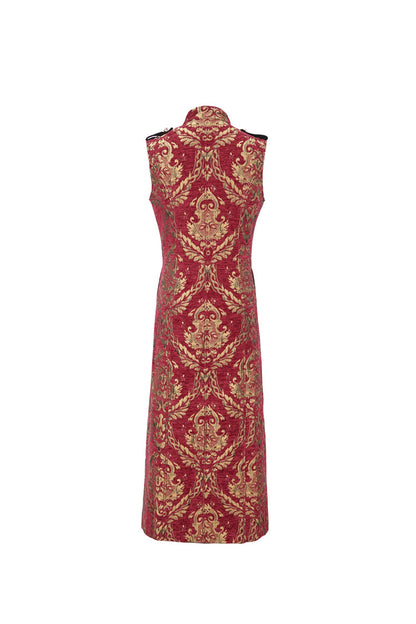 Crimson Mandarin Collar Totem Embroidered Men's Goth Waistcoat