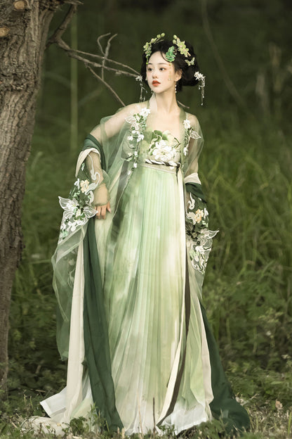 Emerald Qingyao Butterfly Flowers Embroidery Chinese Hanfu Full Set