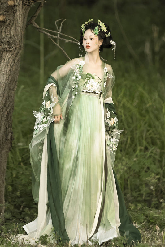 Emerald Qingyao Butterfly Flowers Embroidery Chinese Hanfu Full Set
