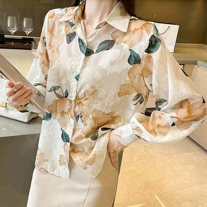 Chemise en mousseline à revers et manches bouffantes à motif floral