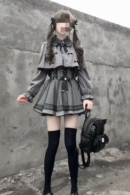 Grey Houndstooth Printed Ruffled Lace-Up Japanese Set