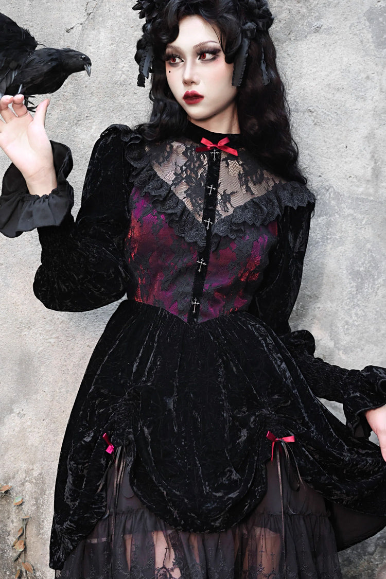 Rose Cemetery Puff Sleeve Lolita Dress with Hollow Lace - Noir