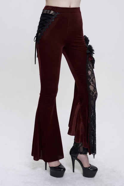 Velvet Single Side Stitching Rose Net Side Rope Flare Gothic Pants