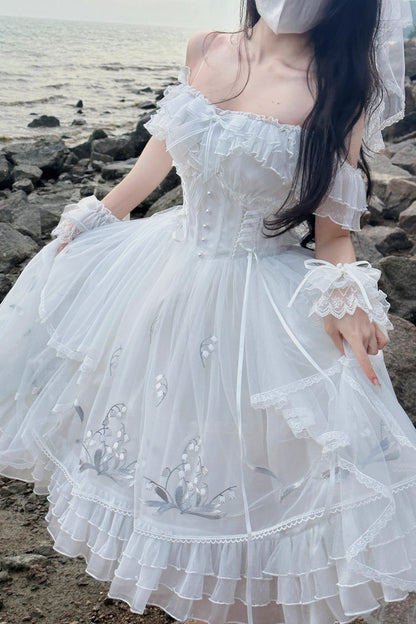 White Love Is Coming Multi-Layer Ruffle Bow JSK Dress