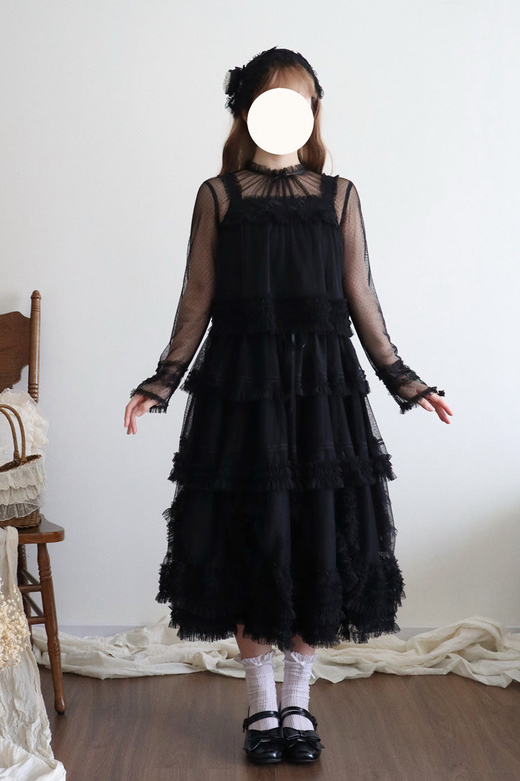 Sweet Stand Collar Long Sleeve Multi Layer Ruffle Color Block Lolita Tiered Dress 14 Colors