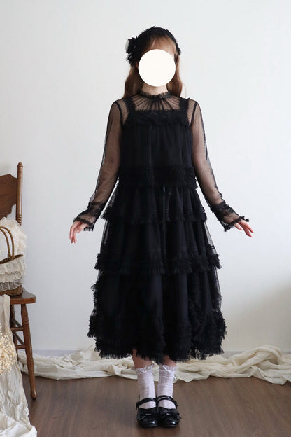 Sweet Stand Collar Long Sleeve Multi Layer Ruffle Color Block Lolita Tiered Dress 14 Colors
