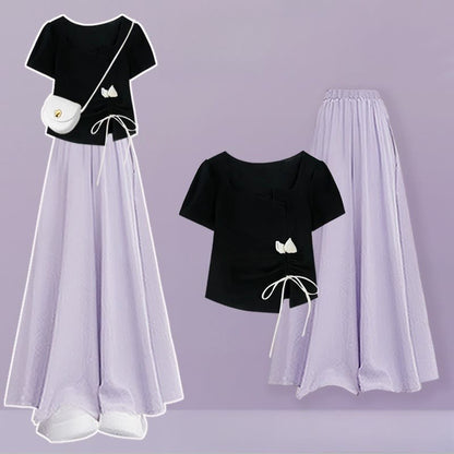 Pantskirt T-shirt Drawstring Two Wide Pieces Flower Leg Set