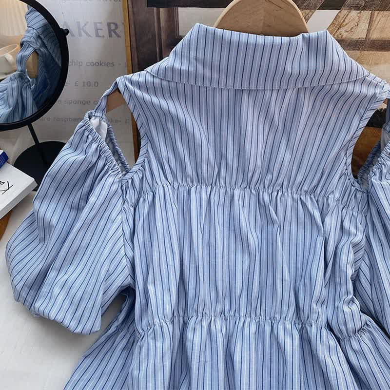 Hollow Puff Hem Shorts Lace T-Shirt Out Sleeve Stripe Bowknot