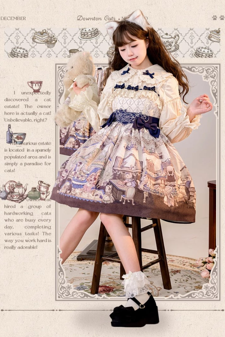 Cat Manor Print Embroidered Bow Sweet Jumper Dress