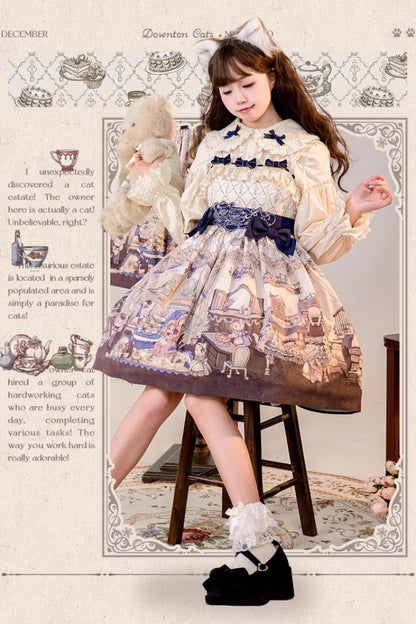 Cat Manor Print Embroidered Bow Sweet Jumper Dress