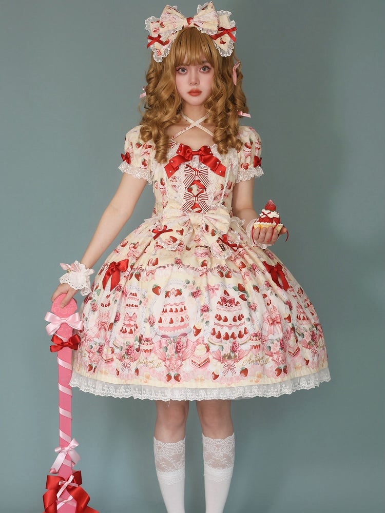 Strawberry Cake Print Yellow Sweet Bow Accents Lolita Dress / Full Set
