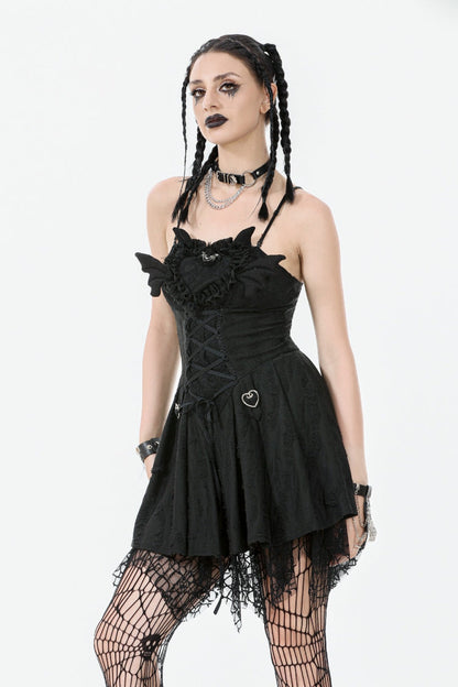Pleated Dark Demon Slip Dress with Corset Lacing - NoirEdge