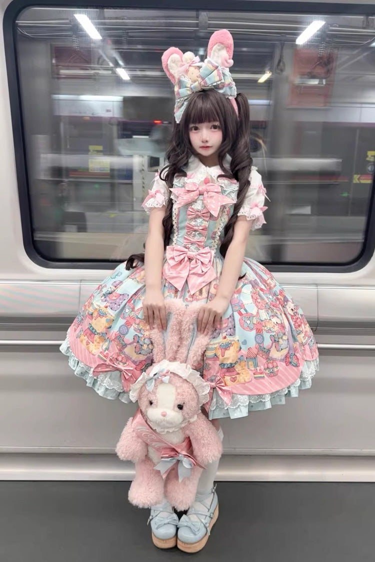 Blue Pink Rainbow Buffy Bunny Sleeveless Double Layer Ribbon Doll Print Ruffle Bow Sweet Lolita JSK Set