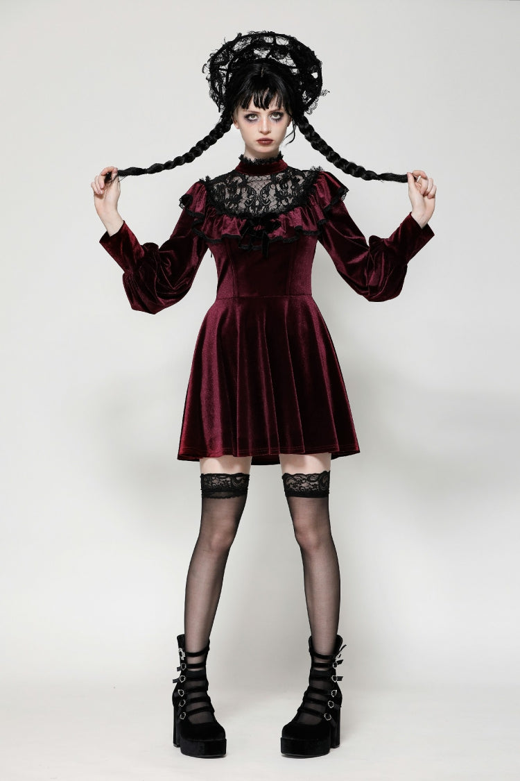 Crimson Knit Velvet Maxi Gown with Long Sleeves - Gothic Graduation Attire