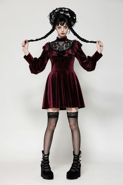 Crimson Knit Velvet Maxi Gown with Long Sleeves - Gothic Graduation Attire