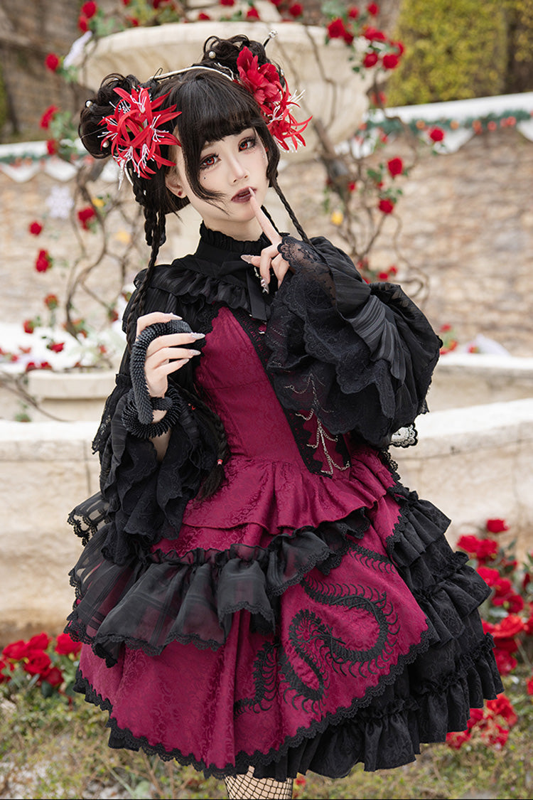 Multi-Layered Asymmetric Gothic JSK Dress with Lace and Bow
