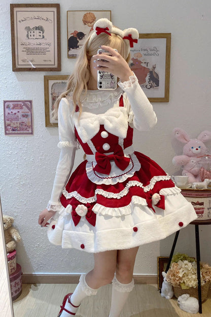 Sweet Lolita Cream Snow Cat Winter Ruffle Bowknot JSK Dress