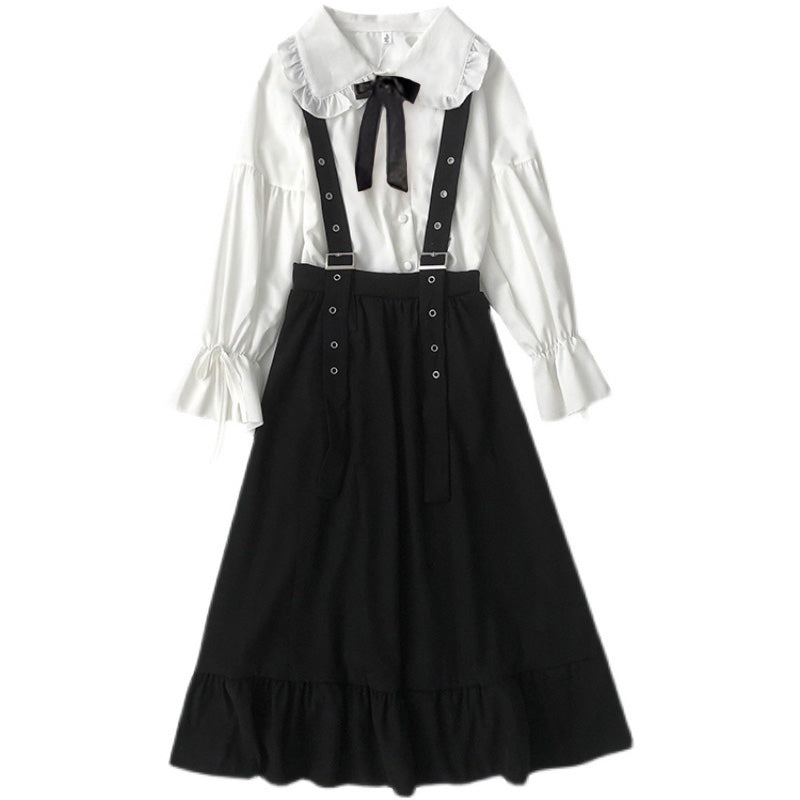 Doll Collar Bow Decor Shirt Suspender Skirt Set