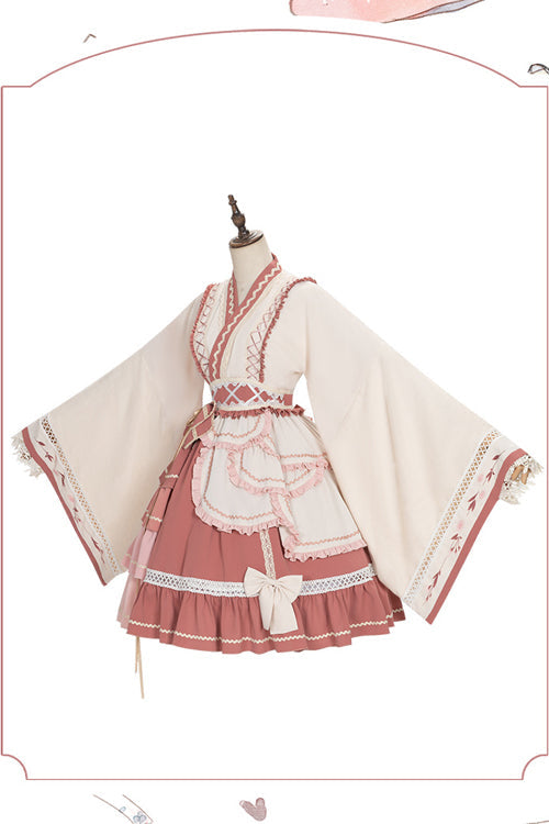 Multi-Layered Ruffled Wide-Sleeved Sweet Lolita OP Dress in Beige and Pink