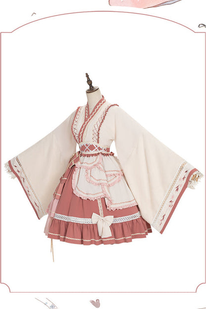Multi-Layered Ruffled Wide-Sleeved Sweet Lolita OP Dress in Beige and Pink
