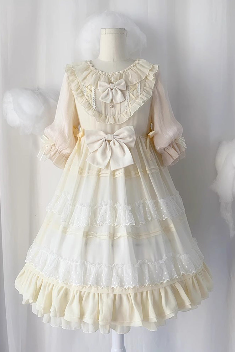 Beige Lace Angel Short-Sleeved Bow-Trim Ruffled Sweet Lolita Dress