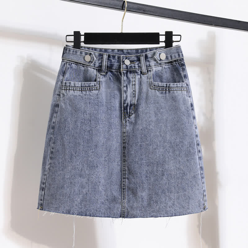 Chic Stripe Round Collar T-Shirt Denim Skirt