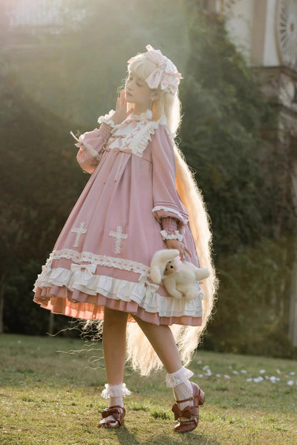 Pink Sweet Lolita Long-Sleeved Lace-Up Tiered Dress with Bowknot