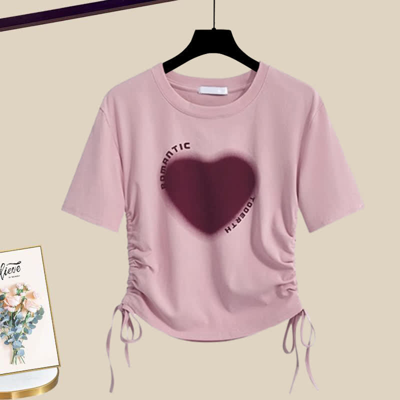 Pink Love Heart Print Crop Top T-Shirt Pink Cargo Pants