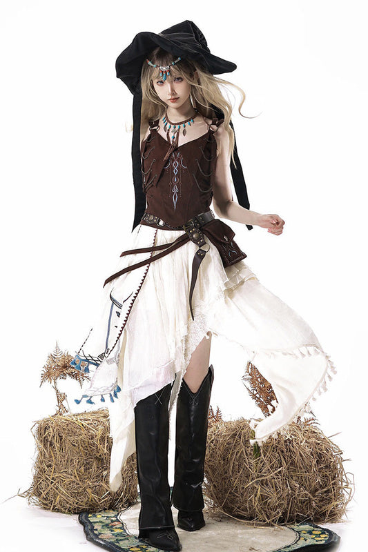 Brown White Dune Shadow Seeker Sleeveless Ruffle Embroidered Irregular Vintage Lolita Skirt Set