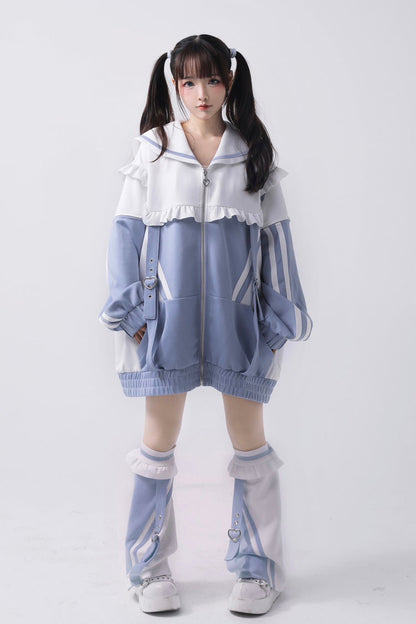 Ruffle Color Block Zipper Coat Three Shades
