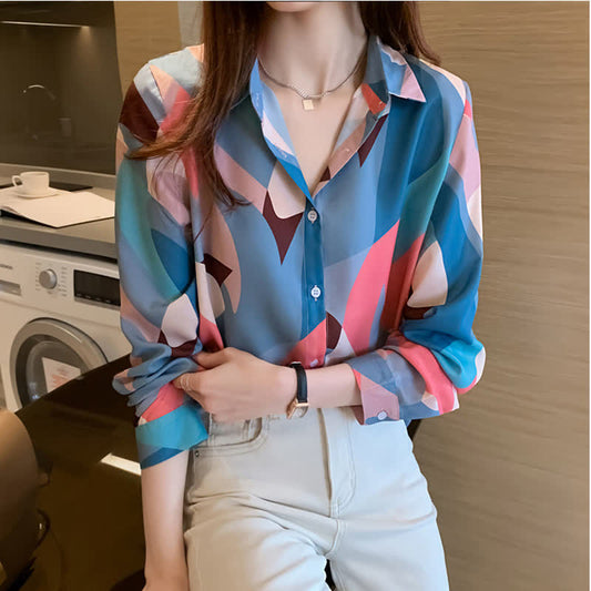 Chic Colorblock Long Sleeve Lapel Shirt